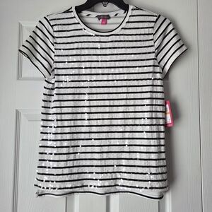 NWT Vince Camuto Black and White Sequin Striped Tee